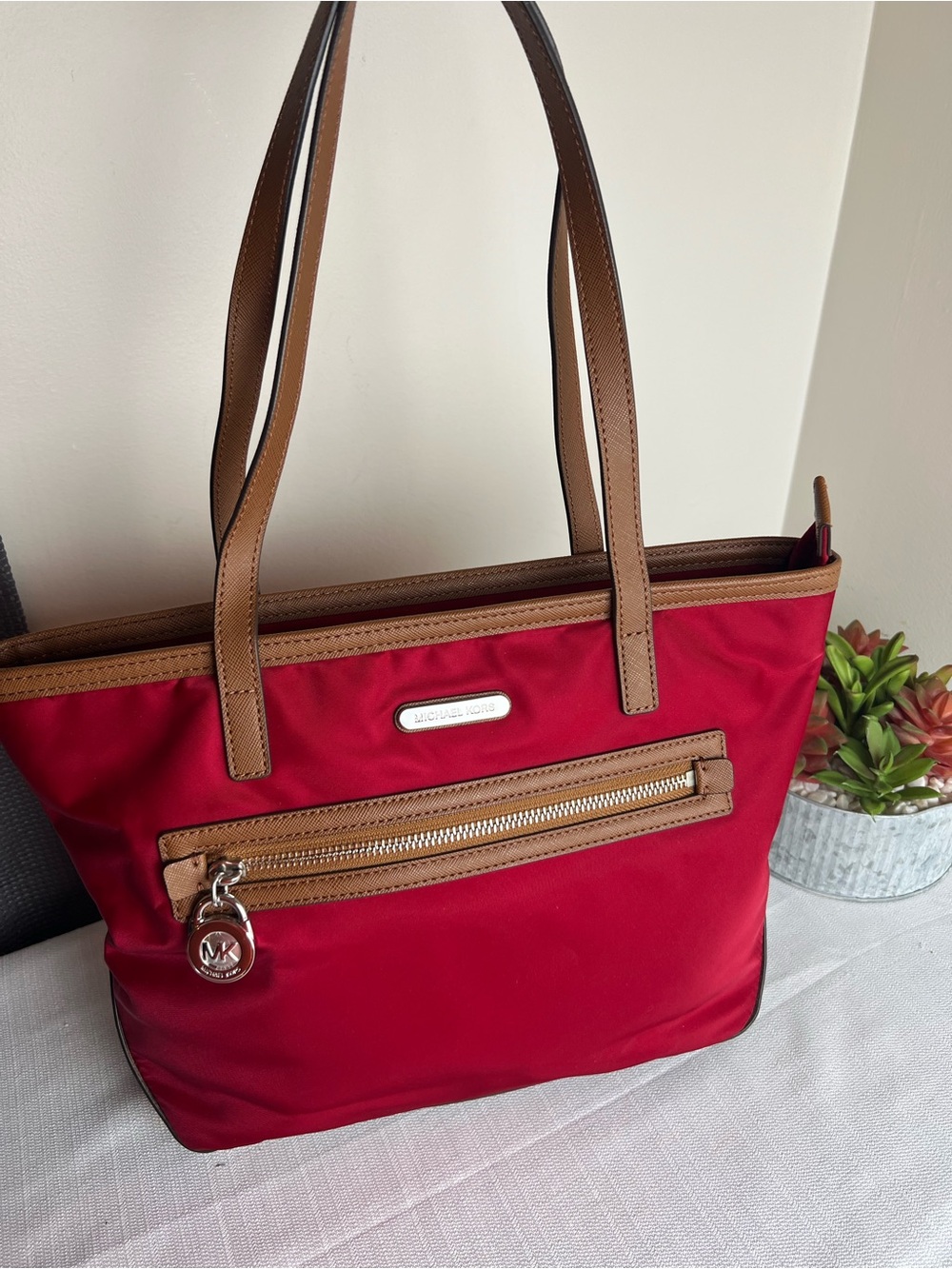 Michael Kors NWOT Red Tote with Brown Leather Trim